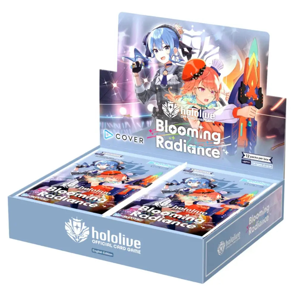 Holographic card game box with colorful characters and a sleek design.