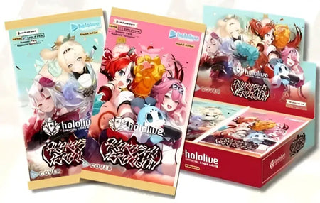 The image shows three colorful hololive official card anime booster packs from the ayakashi vermilion series ideal for spark english booster collectors
