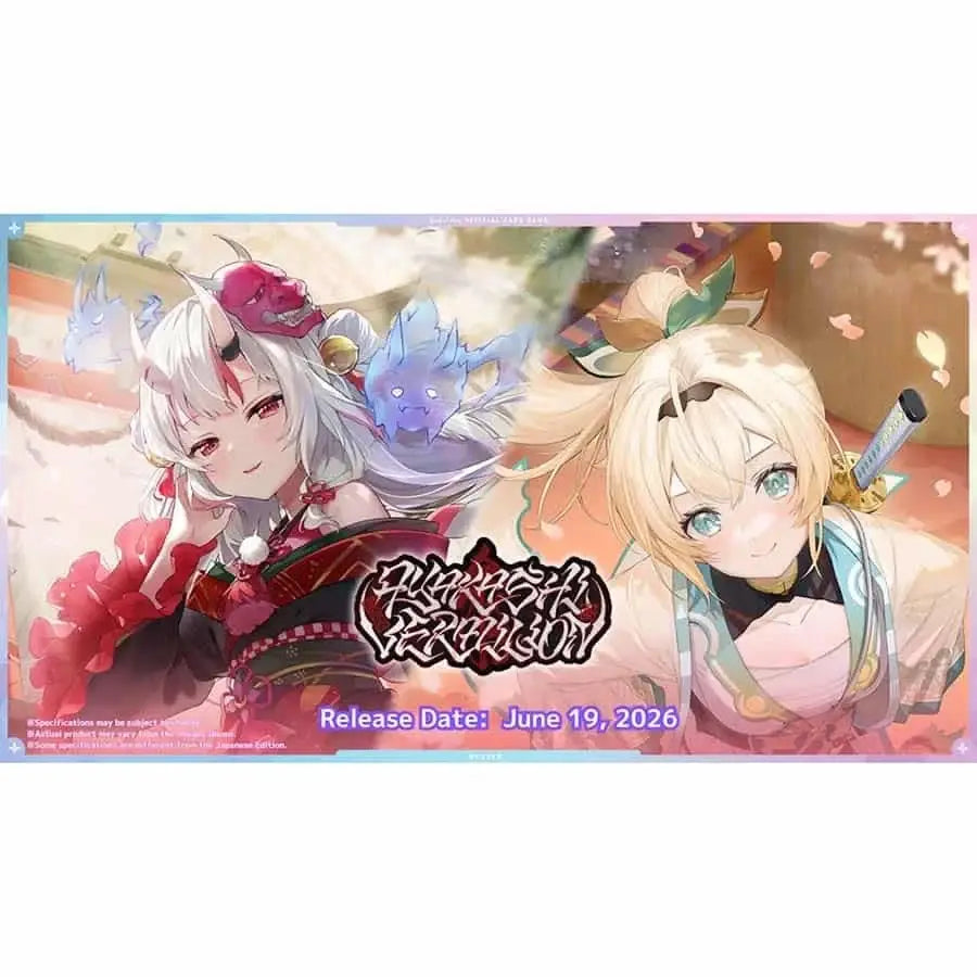Vibrant promotional mat featuring ryukishi reunion anime characters for hololive official card game ayakashi vermilion booster box