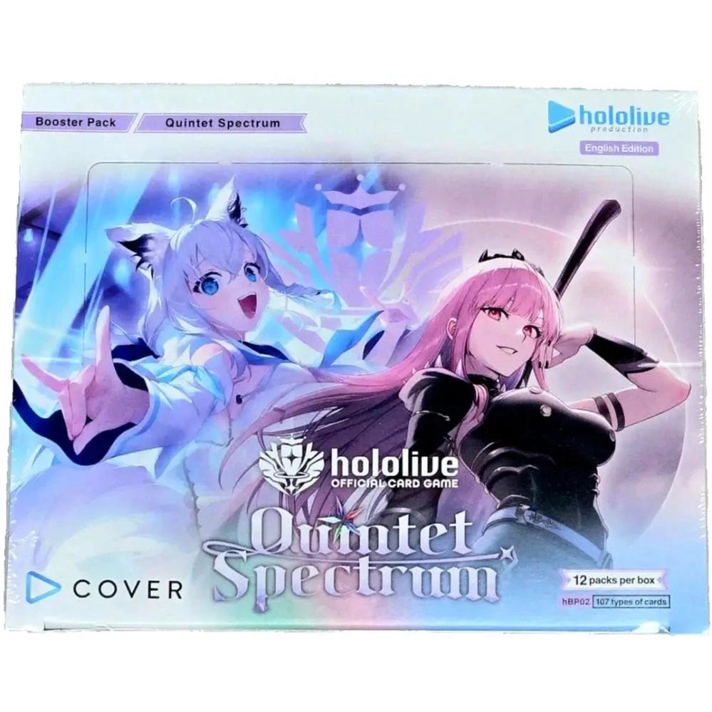 Holographic card game box with vibrant characters and a sleek design.