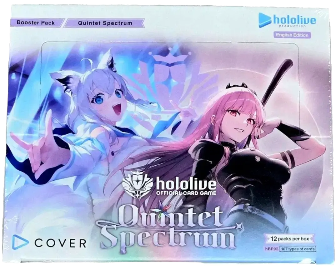 Holographic card game box with vibrant characters and a sleek design.