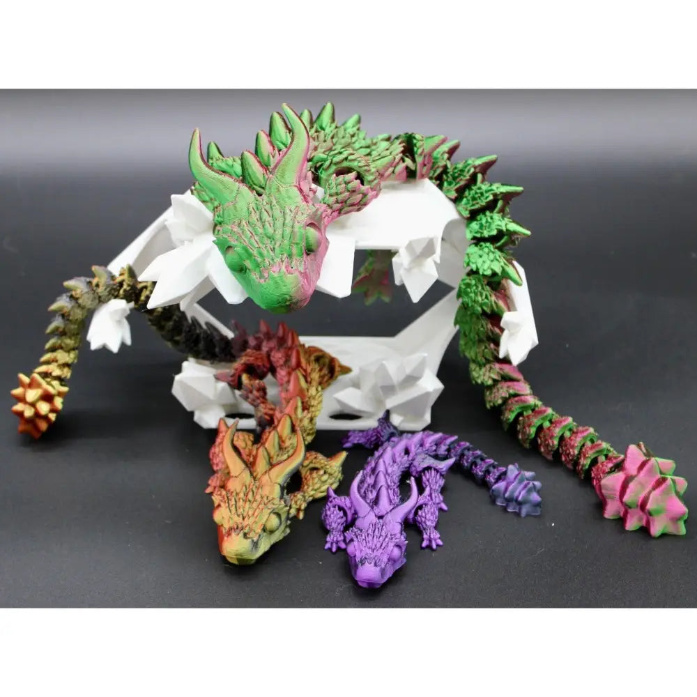 Colorful articulated dragon figurines.