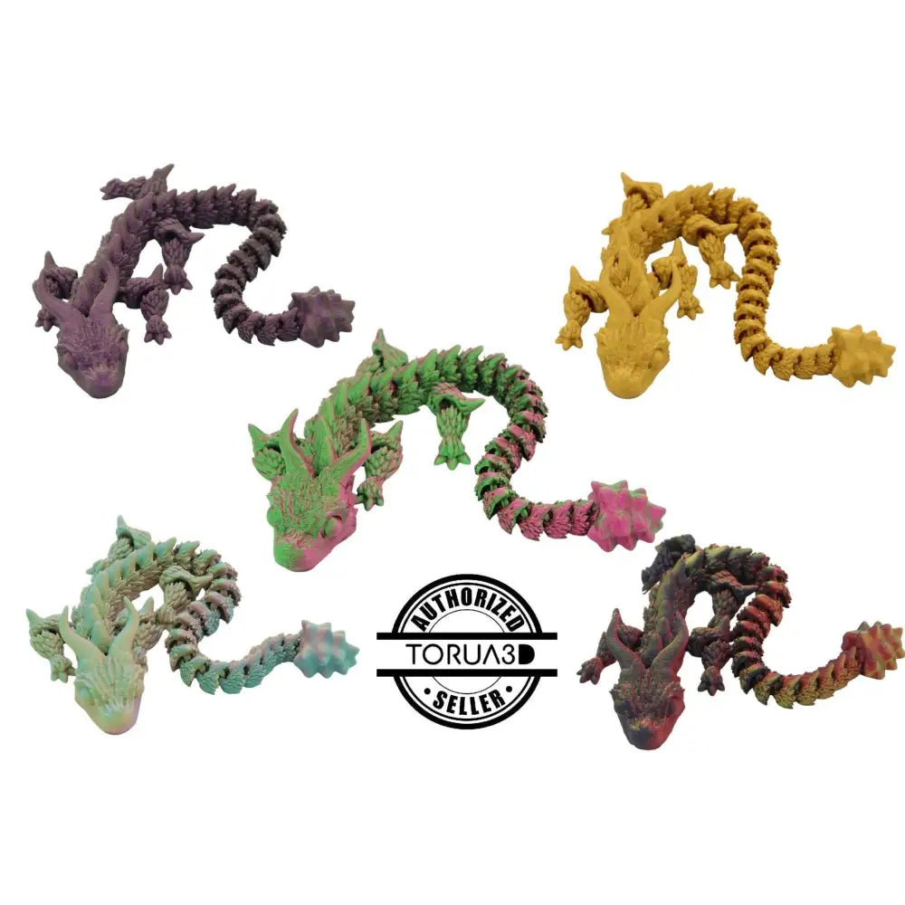 Five colorful, articulated dragon figurines.