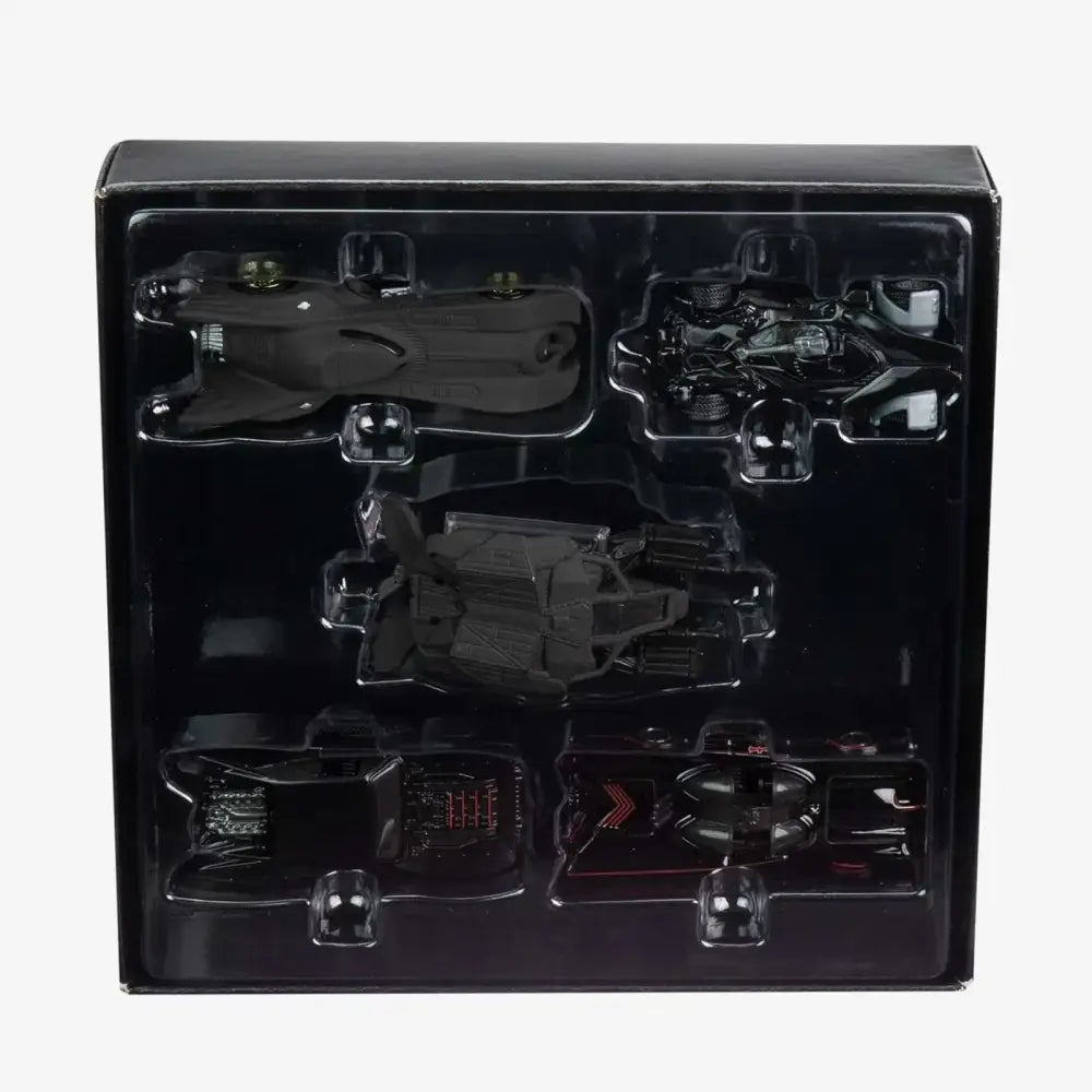 A set of five dark-colored toy vehicles in a black display box.
