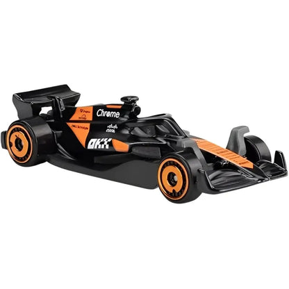 Black and orange toy Formula 1 race car.