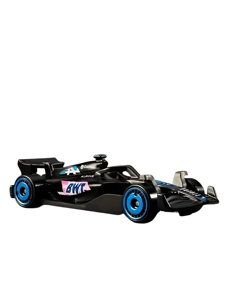 Black Hot Wheels Alpine F1 car with blue wheels and pink accents.