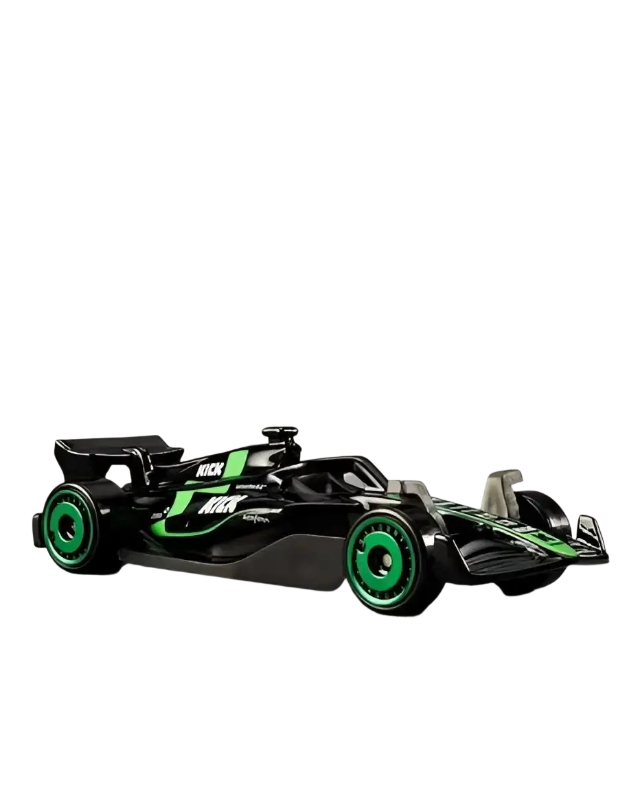 A black and green Hot Wheels Formula 1 race car toy.