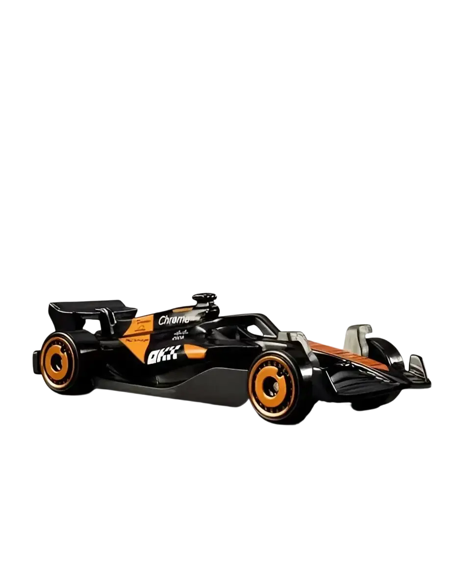 Black and orange Hot Wheels Formula 1 race car toy.