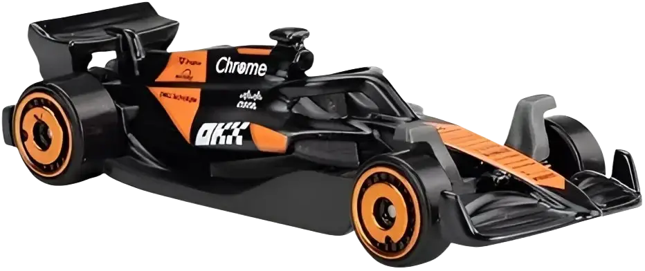 Black and orange toy Formula 1 race car.