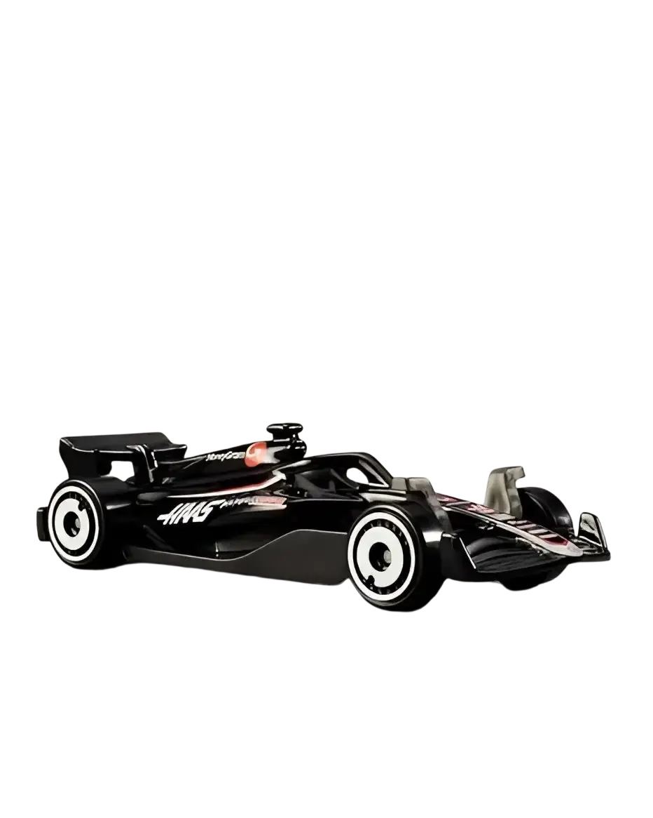 A black toy Formula 1 race car with white wheels.
