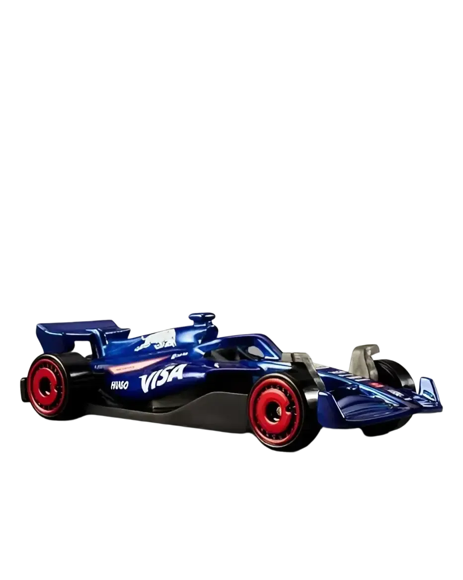 A blue toy Formula 1 race car with red wheels.