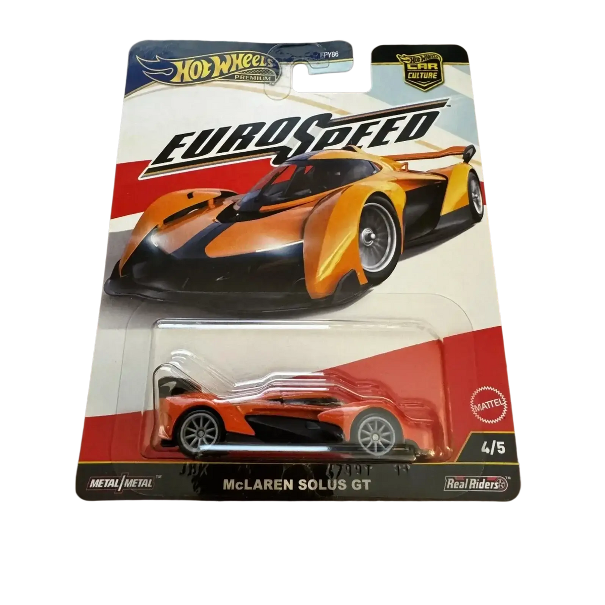 Hot wheels mclaren solus gt model car, metallic orange and black design with silver wheels.