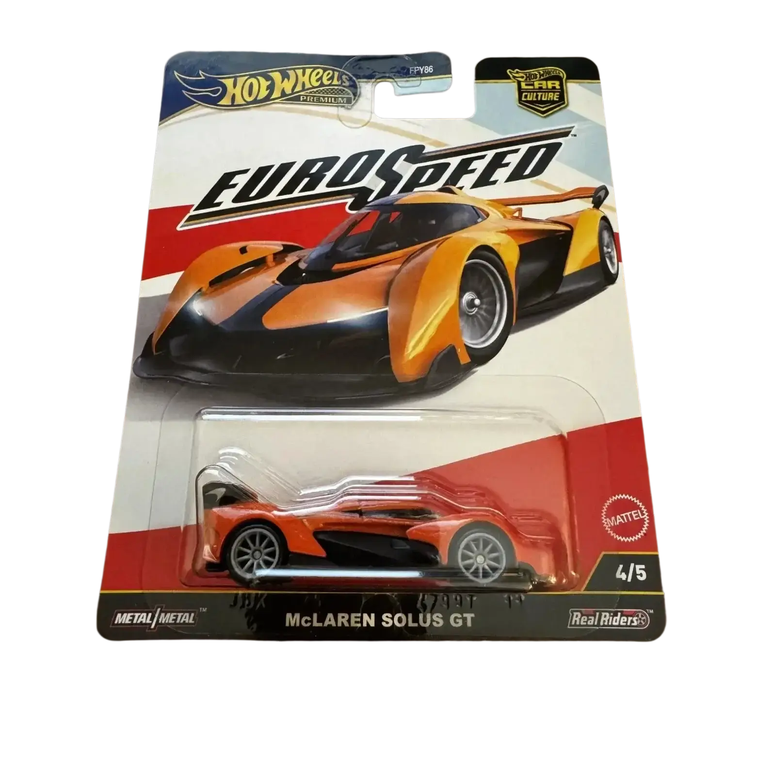 Hot wheels mclaren solus gt model car, metallic orange and black design with silver wheels.