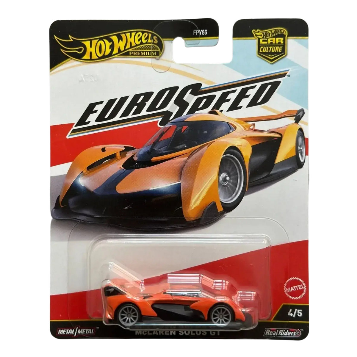 Hot wheels mclaren solaus gt toy car in orange and black, metal body with detailed design.