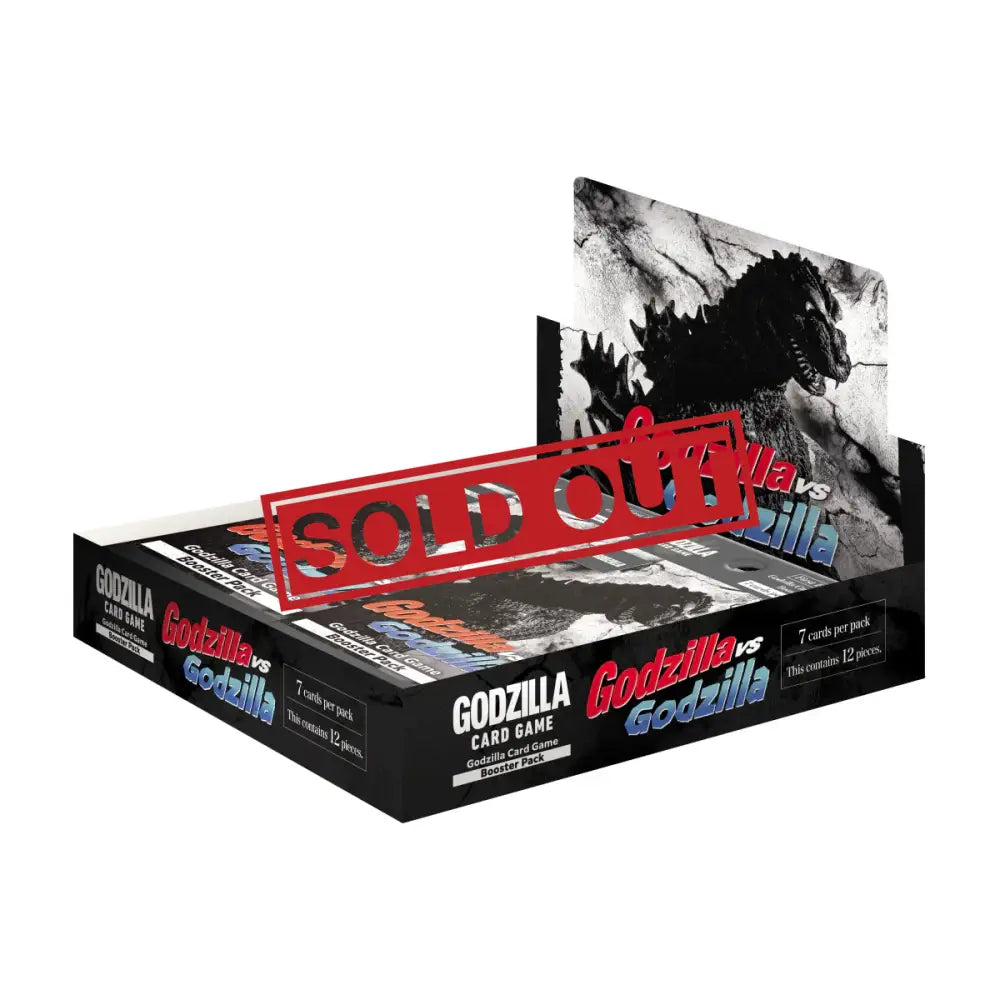 A display box of Godzilla vs. Godzilla trading card game booster packs.