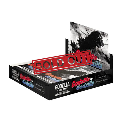 A display box of Godzilla vs. Godzilla trading card game booster packs.