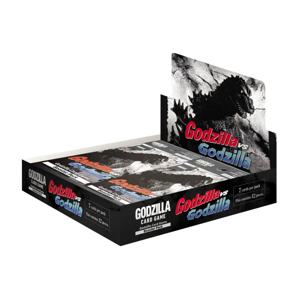 A display box of Godzilla vs. Godzilla trading card game booster packs.
