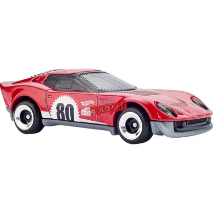 A red Hot Wheels die-cast sports car with racing decals.