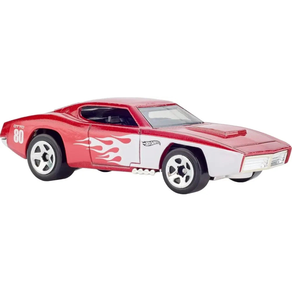 Red and white Hot Wheels toy car with flames.