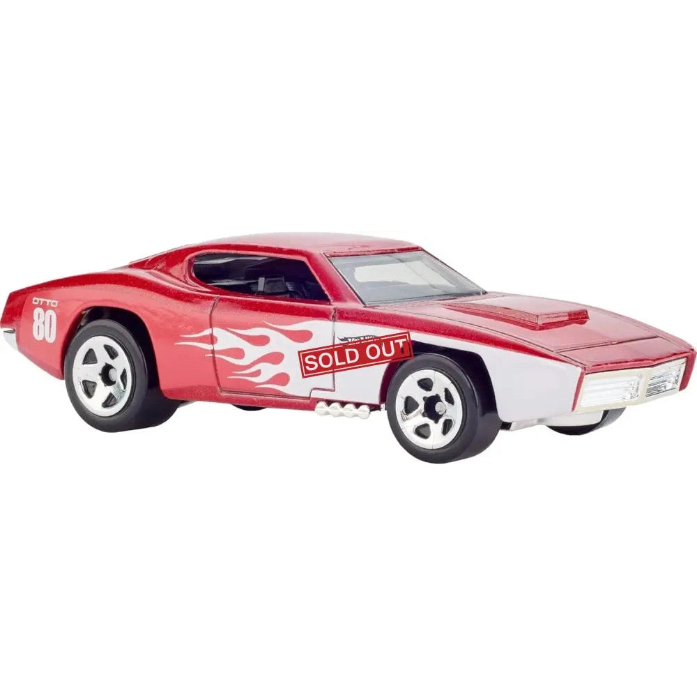 Red and white Hot Wheels toy car with flames.