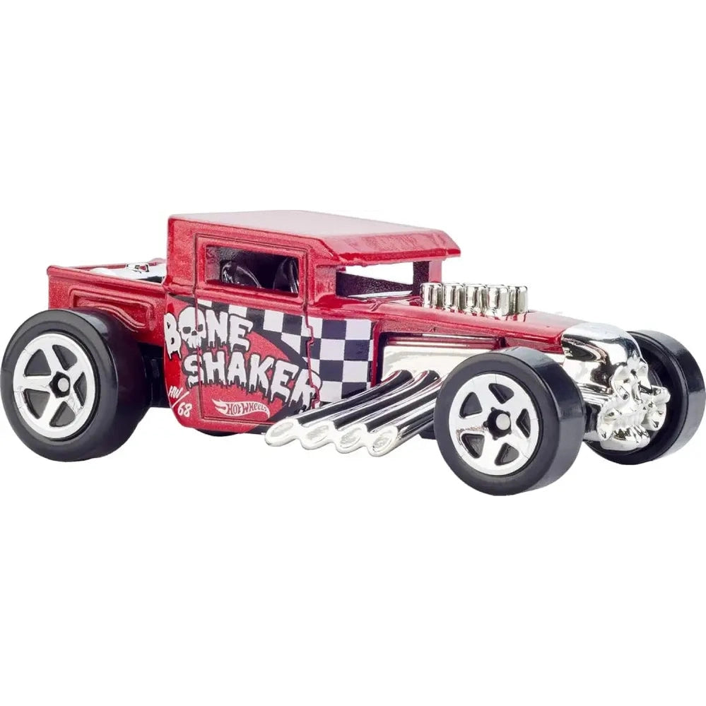 A red Hot Wheels Bone Shaker die-cast toy car with skull and checkered flag decals.