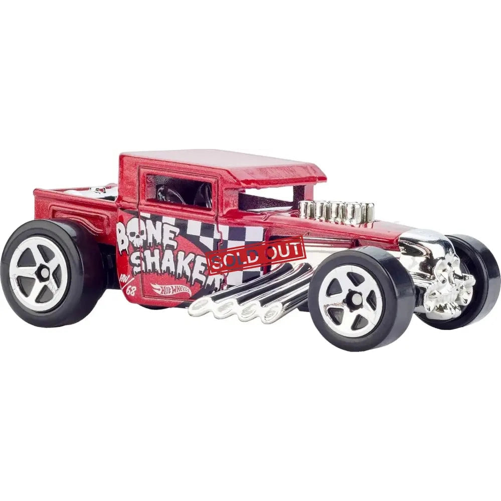 A red Hot Wheels Bone Shaker die-cast toy car with skull and checkered flag decals.