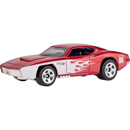 Red and white toy muscle car with flame decals.