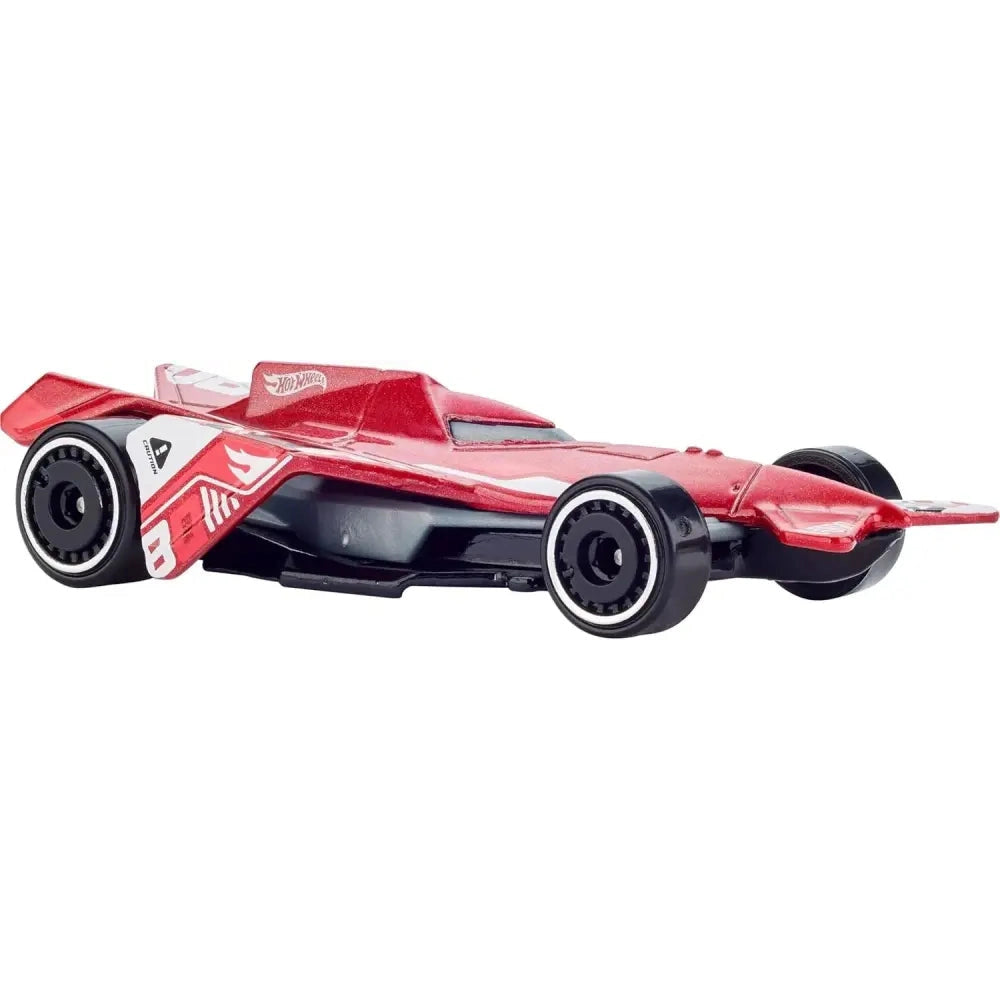 Red and black Hot Wheels formula race car toy.