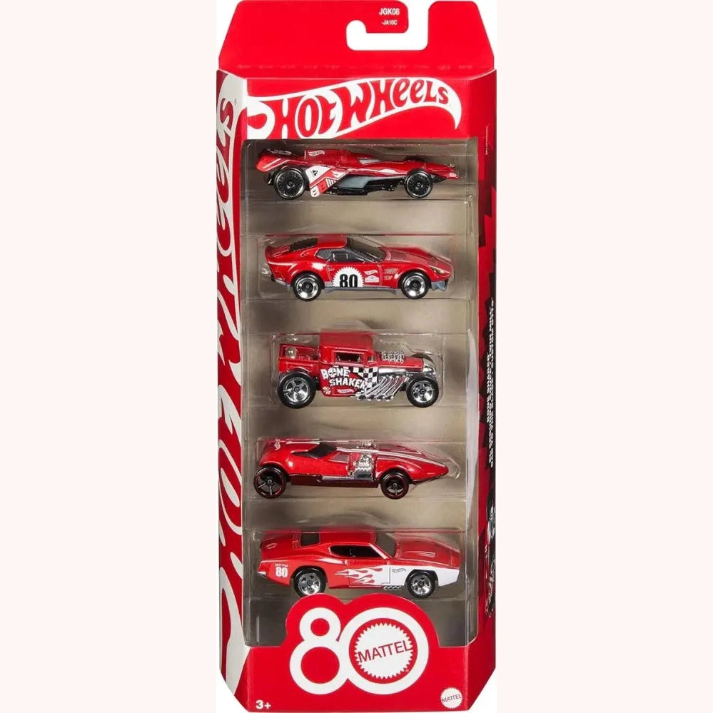 A Hot Wheels 5-pack of red die-cast toy cars celebrating the 80th anniversary of Mattel.