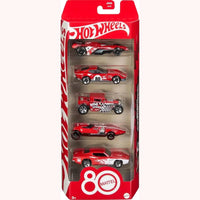 A Hot Wheels 5-pack of red die-cast toy cars celebrating the 80th anniversary of Mattel.