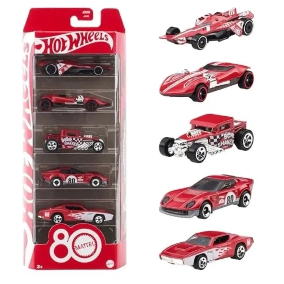 A Hot Wheels 5-pack of red and white toy cars.