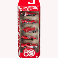 A Hot Wheels 5-pack of red die-cast toy cars celebrating the 80th anniversary of Mattel.