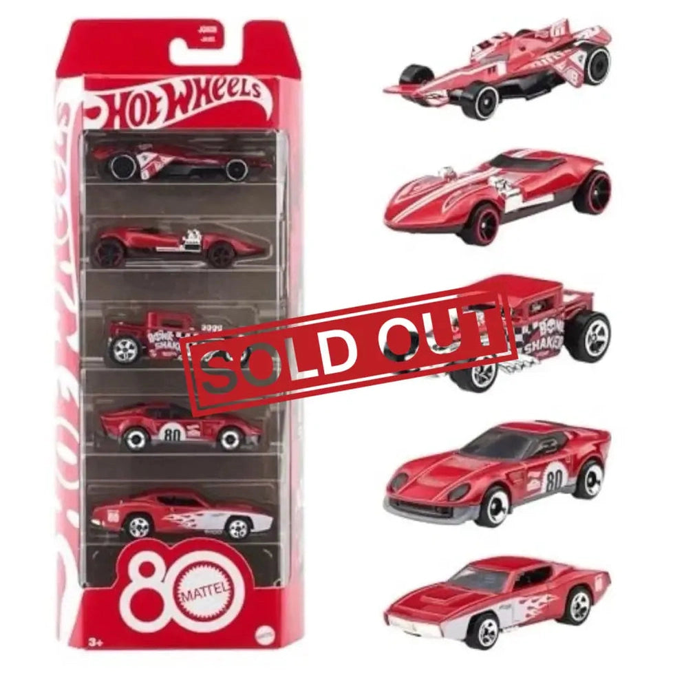 A Hot Wheels 5-pack of red and white toy cars.