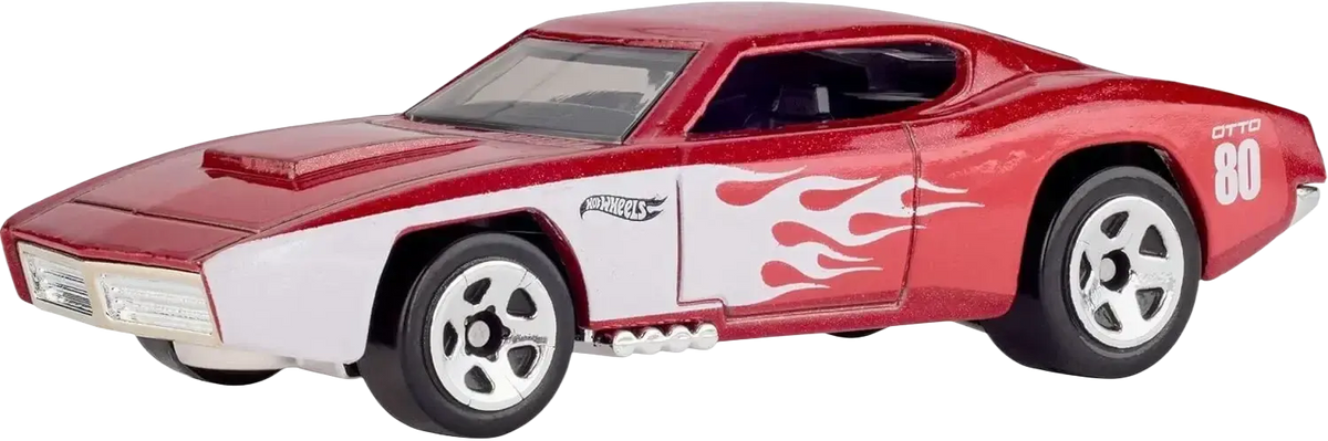 Red and white toy muscle car with flame decals.