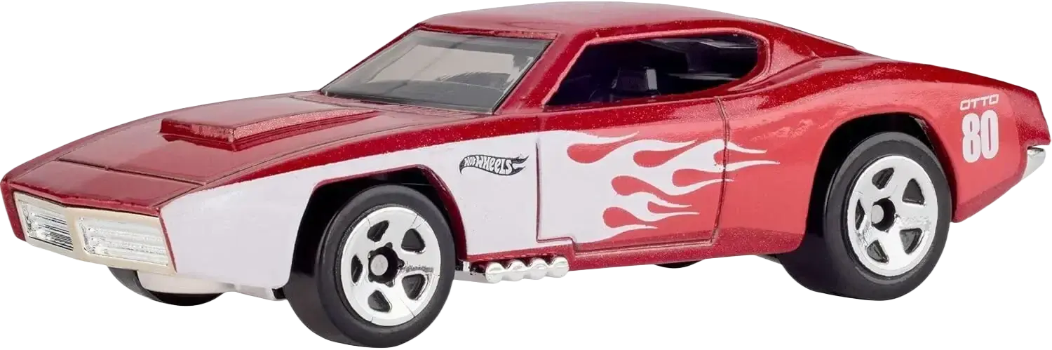 Red and white toy muscle car with flame decals.