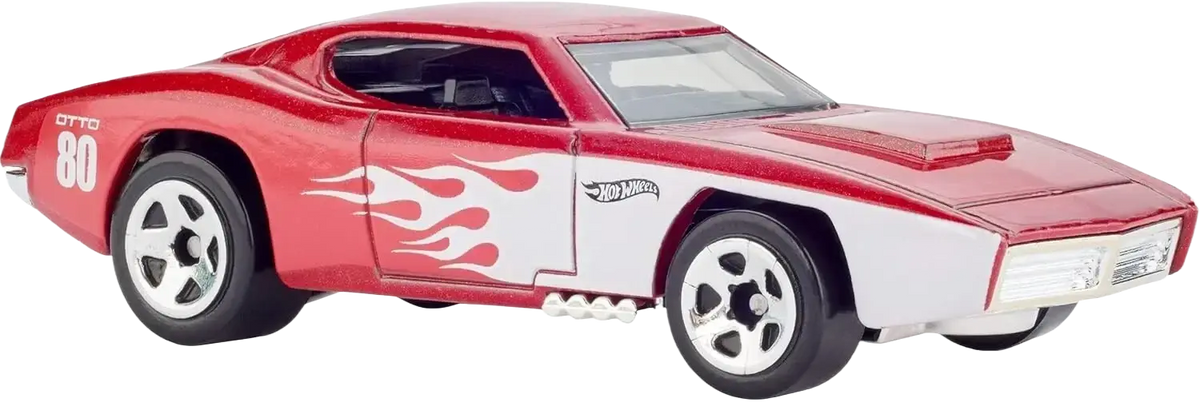 Red and white Hot Wheels toy car with flames.