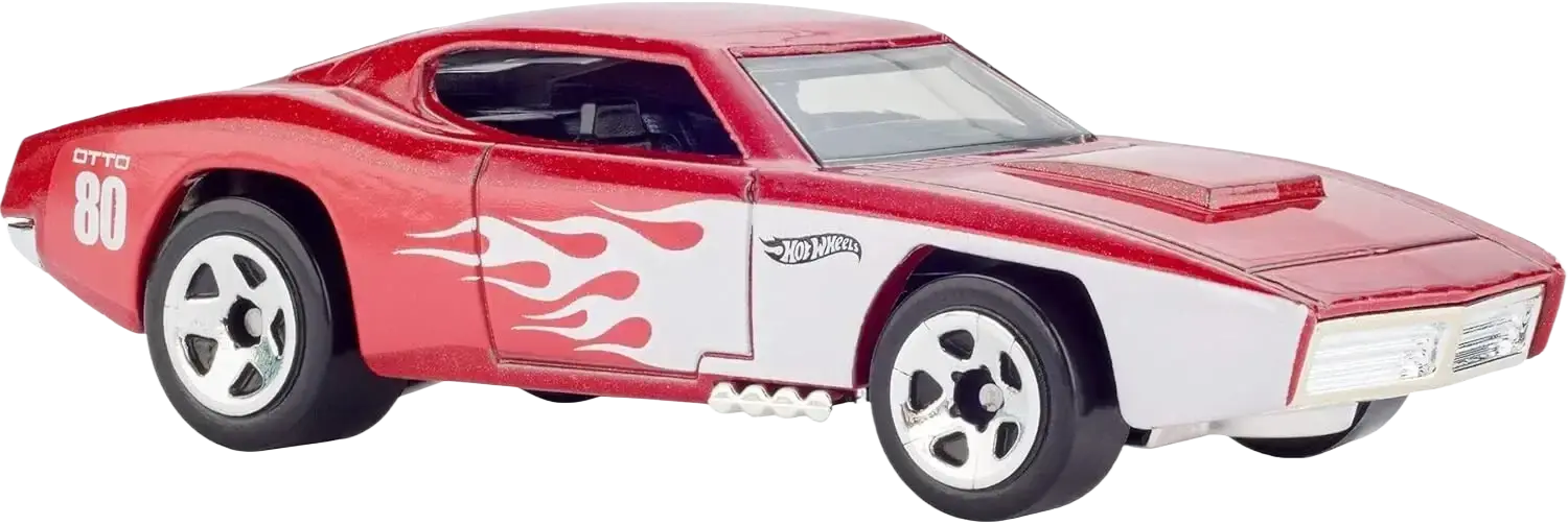 Red and white Hot Wheels toy car with flames.