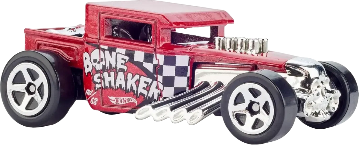 A red Hot Wheels Bone Shaker die-cast toy car with skull and checkered flag decals.