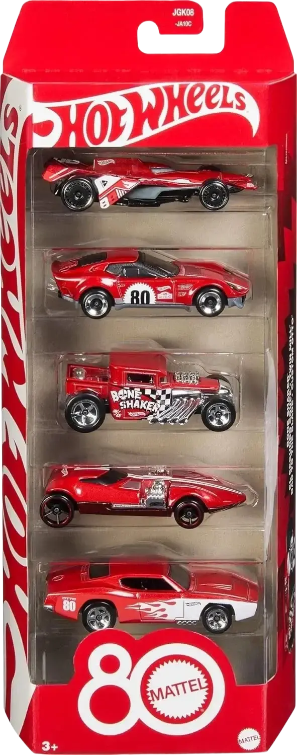 A Hot Wheels 5-pack of red die-cast toy cars celebrating the 80th anniversary of Mattel.