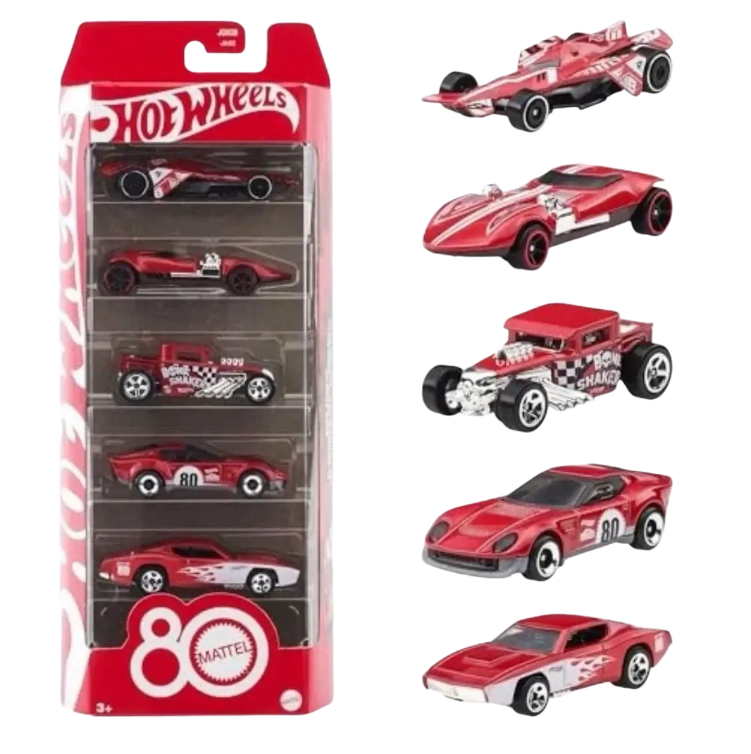 A Hot Wheels 5-pack of red and white toy cars.