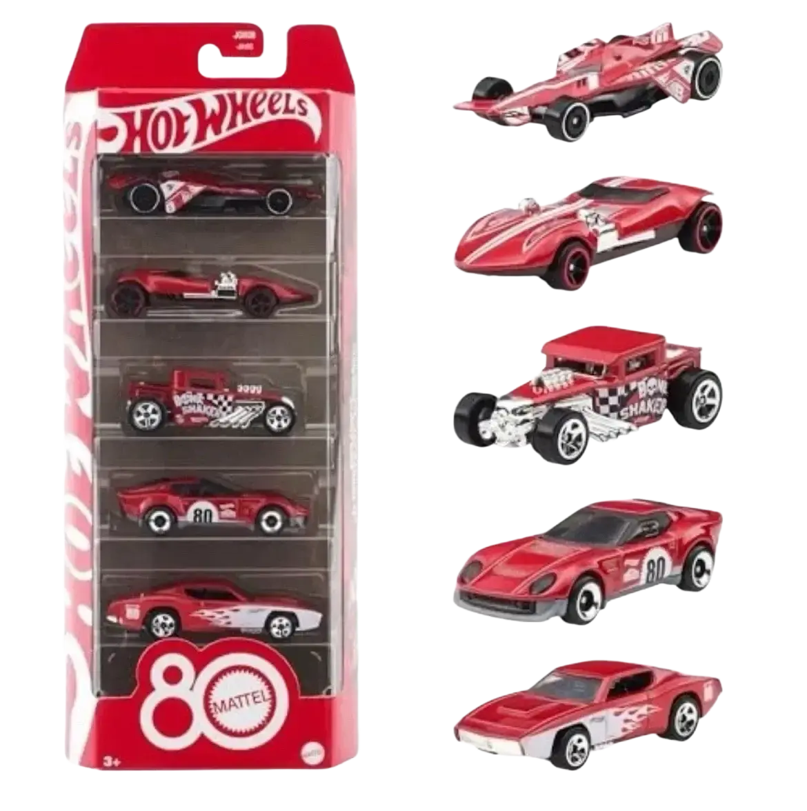 A Hot Wheels 5-pack of red and white toy cars.