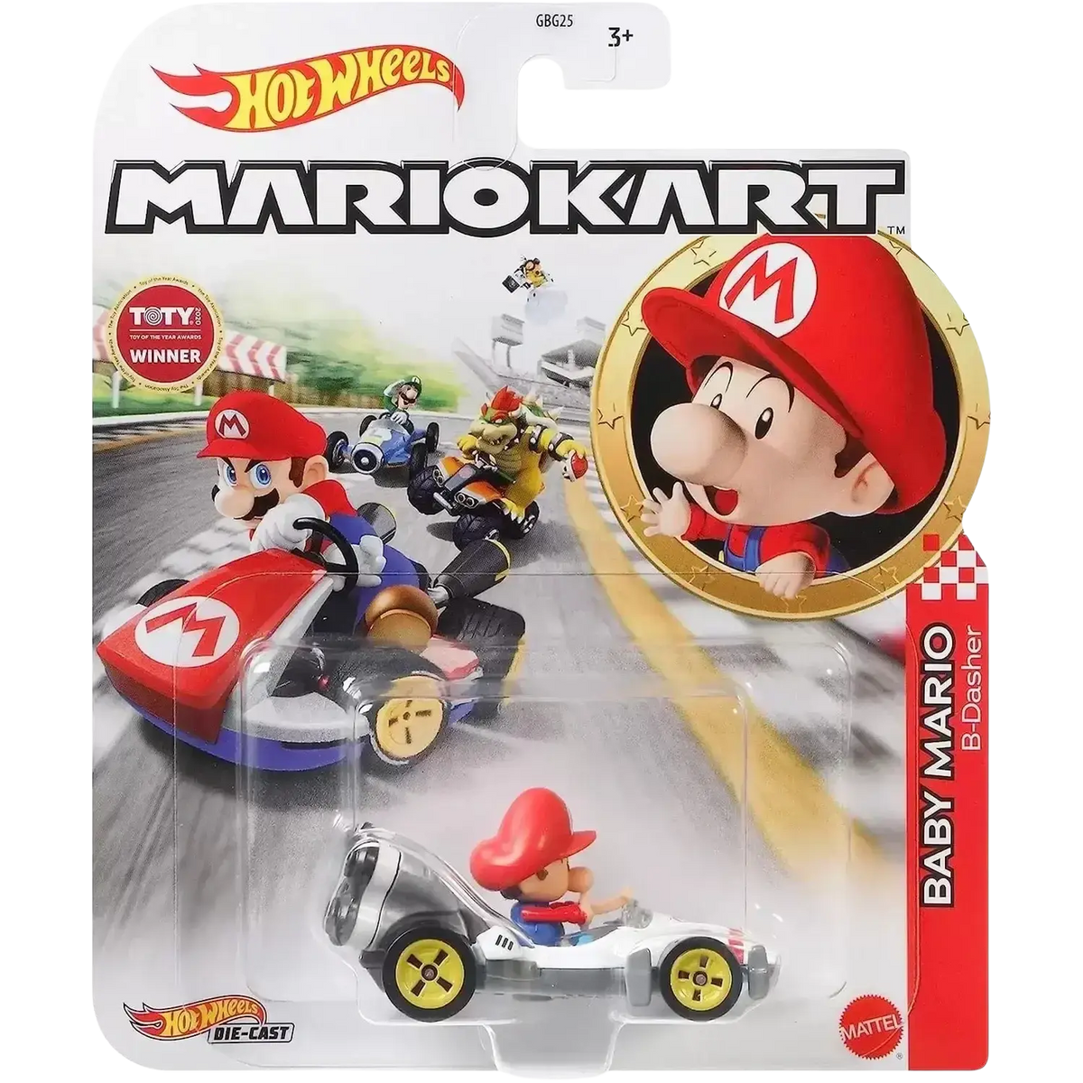Hot Wheels Mario Kart Baby Mario B-Dasher die-cast toy car.