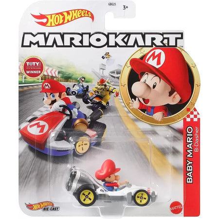 Hot Wheels Mario Kart Baby Mario B-Dasher die-cast toy car.