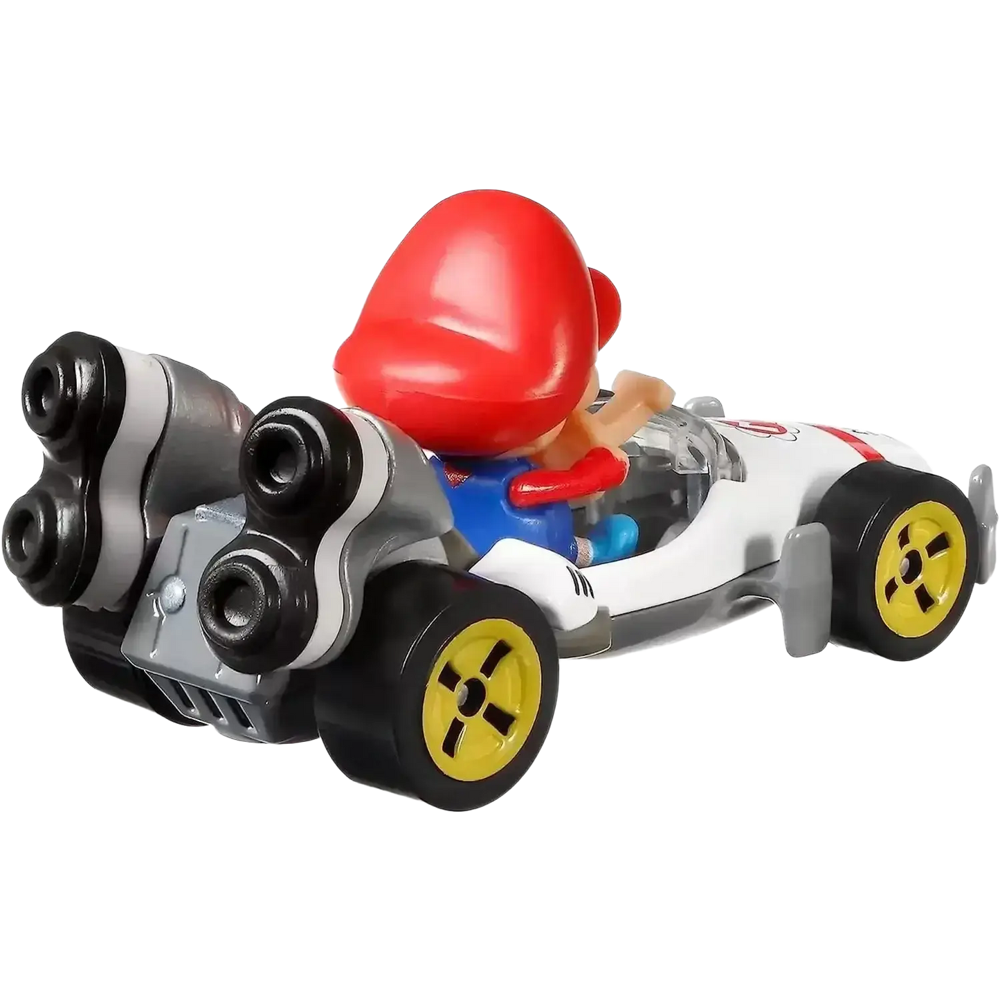 Lego mario kart 8 deluxe car with yellow wheels and red helmet.