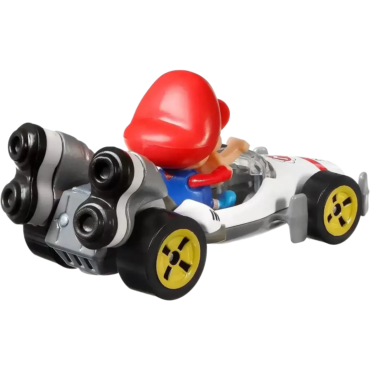 Lego mario kart 8 deluxe car with yellow wheels and red helmet.