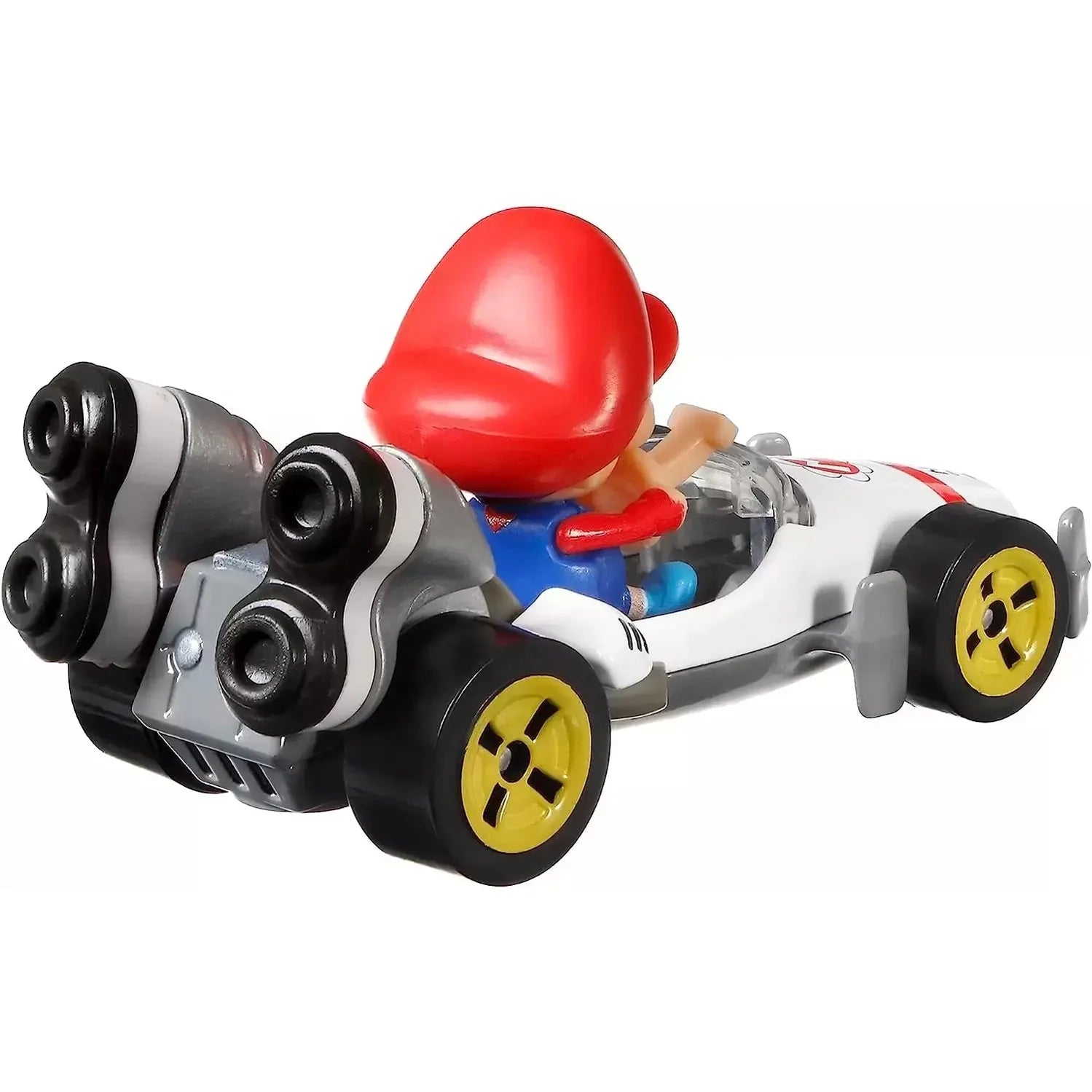 Lego mario kart 8 deluxe car with yellow wheels and red helmet.