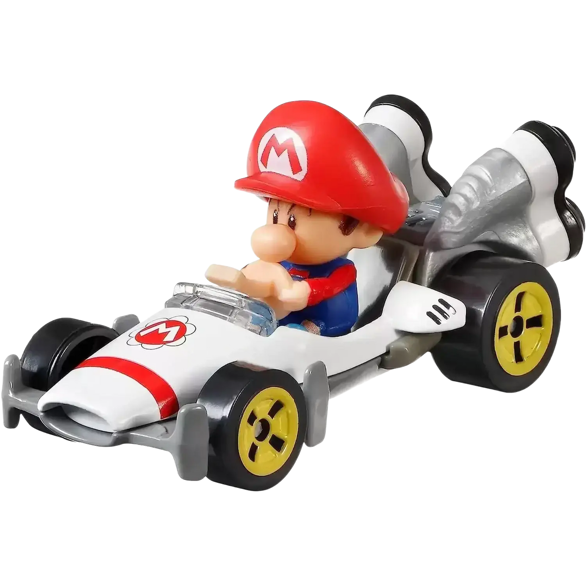 Mario kart toy car with red helmet and white body.