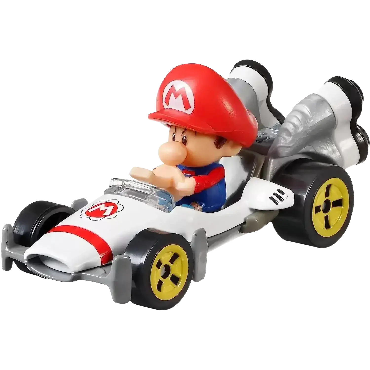 Mario kart toy car with red helmet and white body.