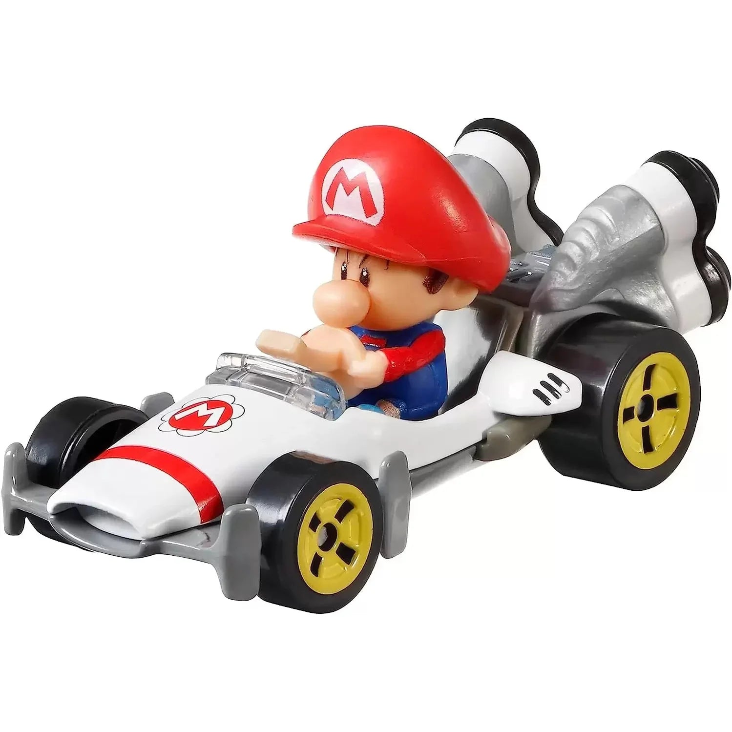 Mario kart toy car with red helmet and white body.