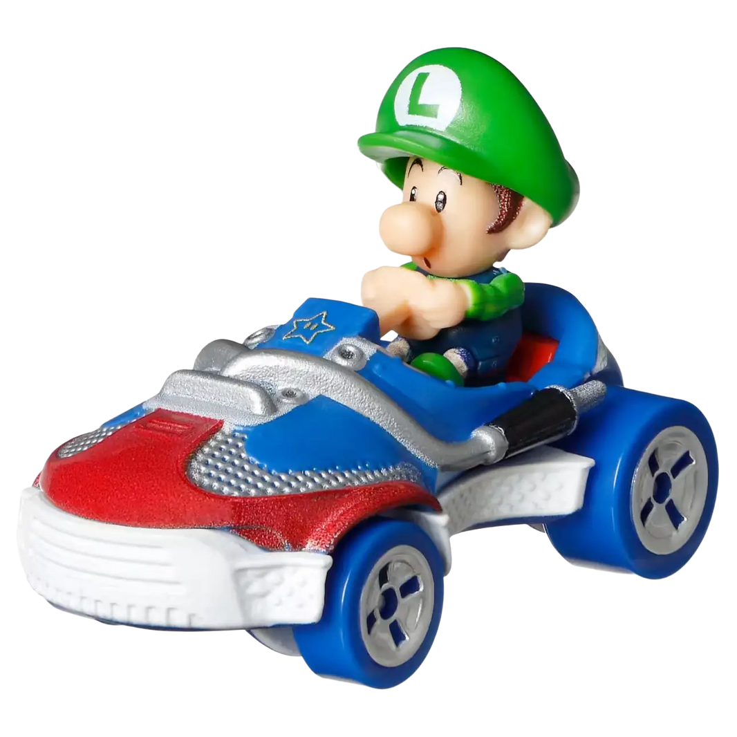 Luigi in a blue, red, and silver kart.
